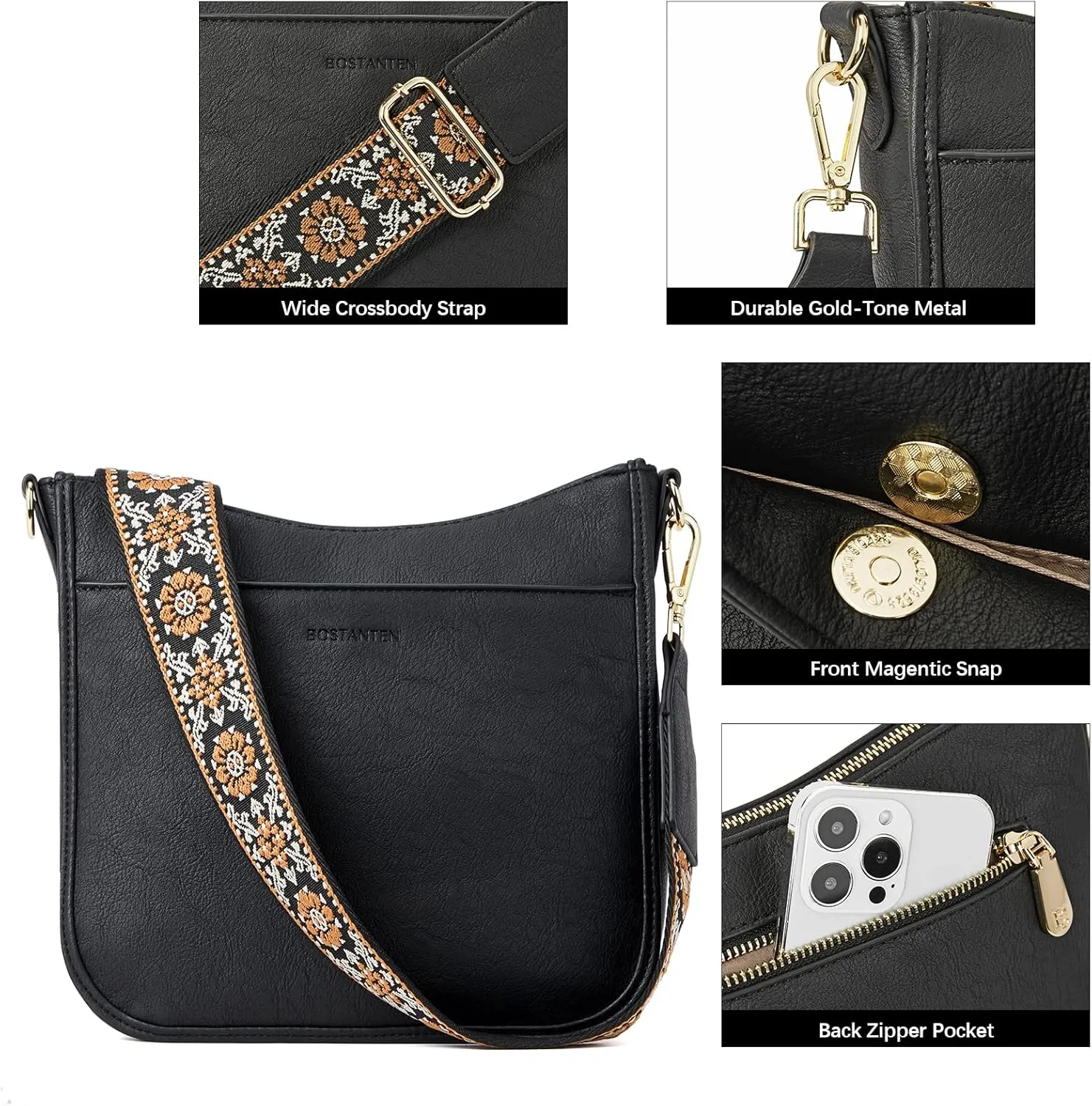 BOSTANTEN Crossbody Bags for Women Trendy Vegan Leather Hobo Purses Shoulder Handbags With Wide Shoulder Strap