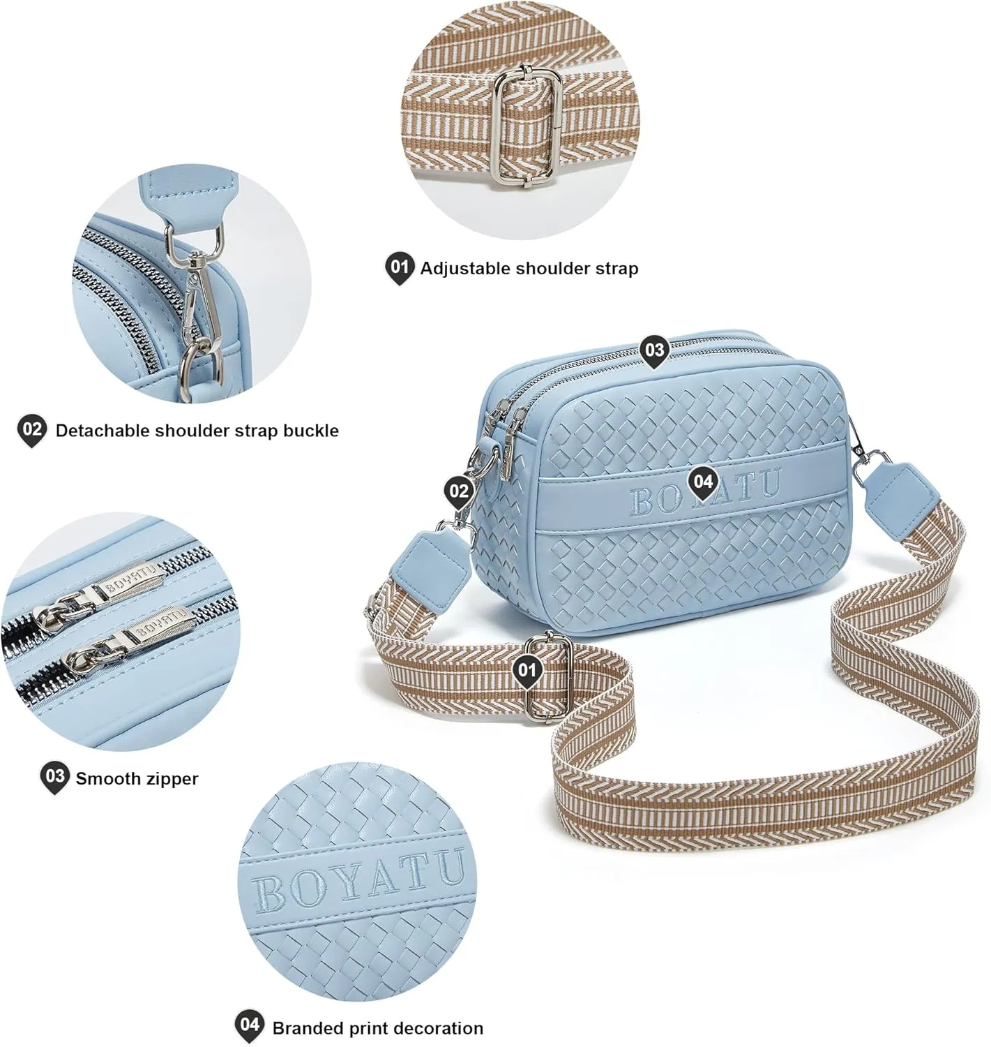 BOYATU Woven Crossbody Bag for Women: Vegan Leather Purse - Small Shoulder Bags for Ladies - Trendy Purses with Wide Strap