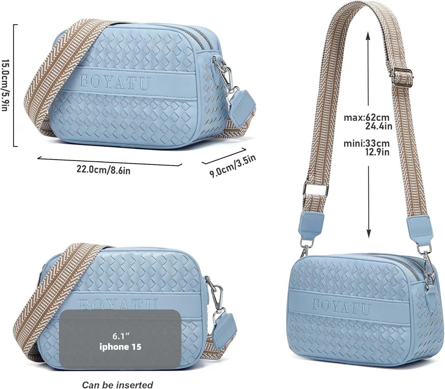 BOYATU Woven Crossbody Bag for Women: Vegan Leather Purse - Small Shoulder Bags for Ladies - Trendy Purses with Wide Strap