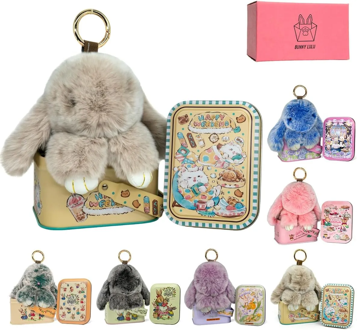 Bunny Keychain with Tin – 5.8" Handmade Plush Bag Charm, 16 Colors – Cute Graduation Gift & Summer Travel Accessory