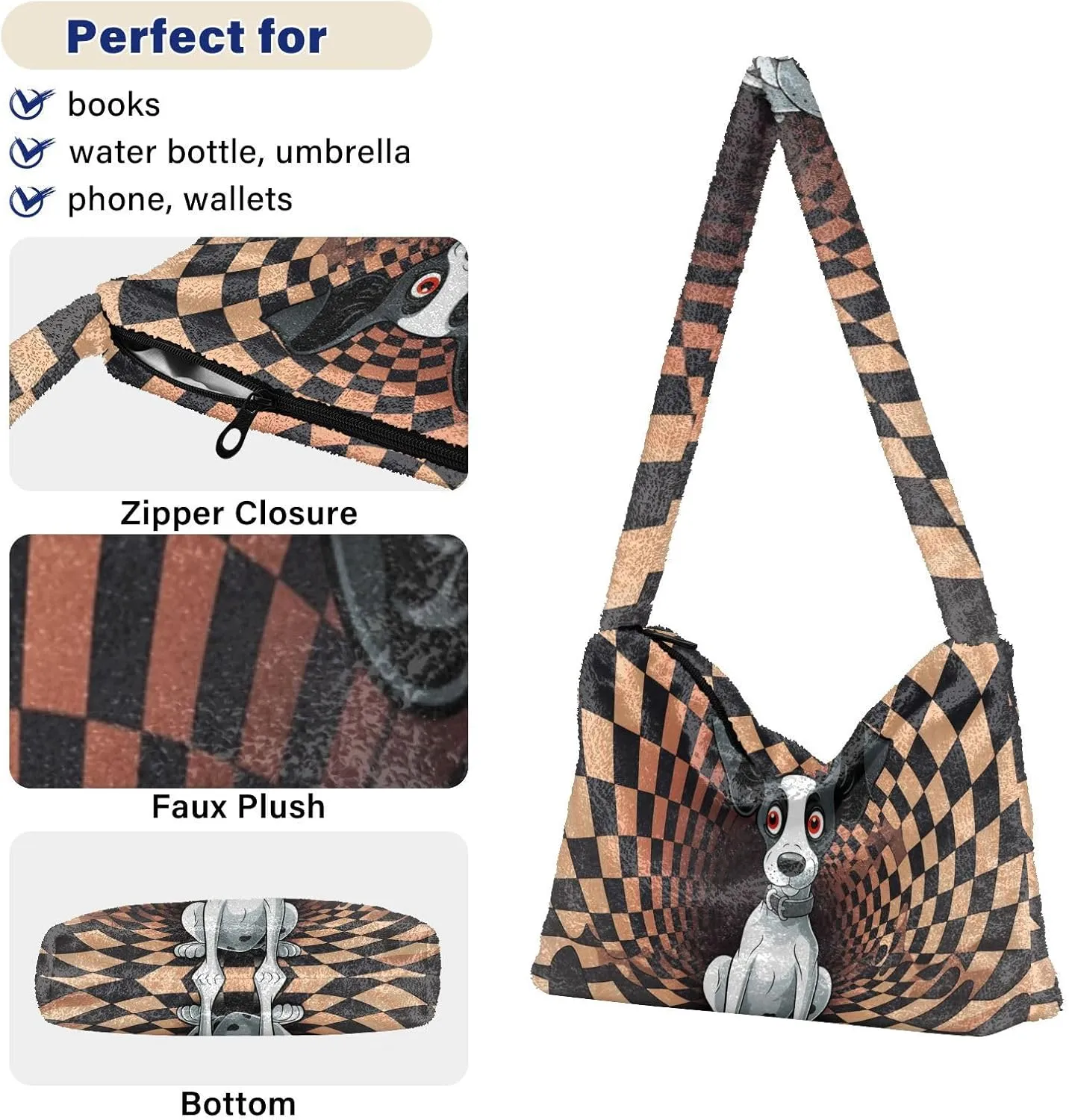 Cartoon Probe Black and White Bulldog Women Shoulder Bag Tote, Plush Tote Bag Women, Womens Outdoor Bag