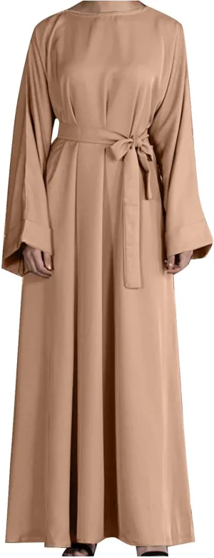 Casual Dresses for Women Plus Size Long Sleeve Tie Waist Pleated Maxi Dress Oversized Solid Crewneck Loose Dresses