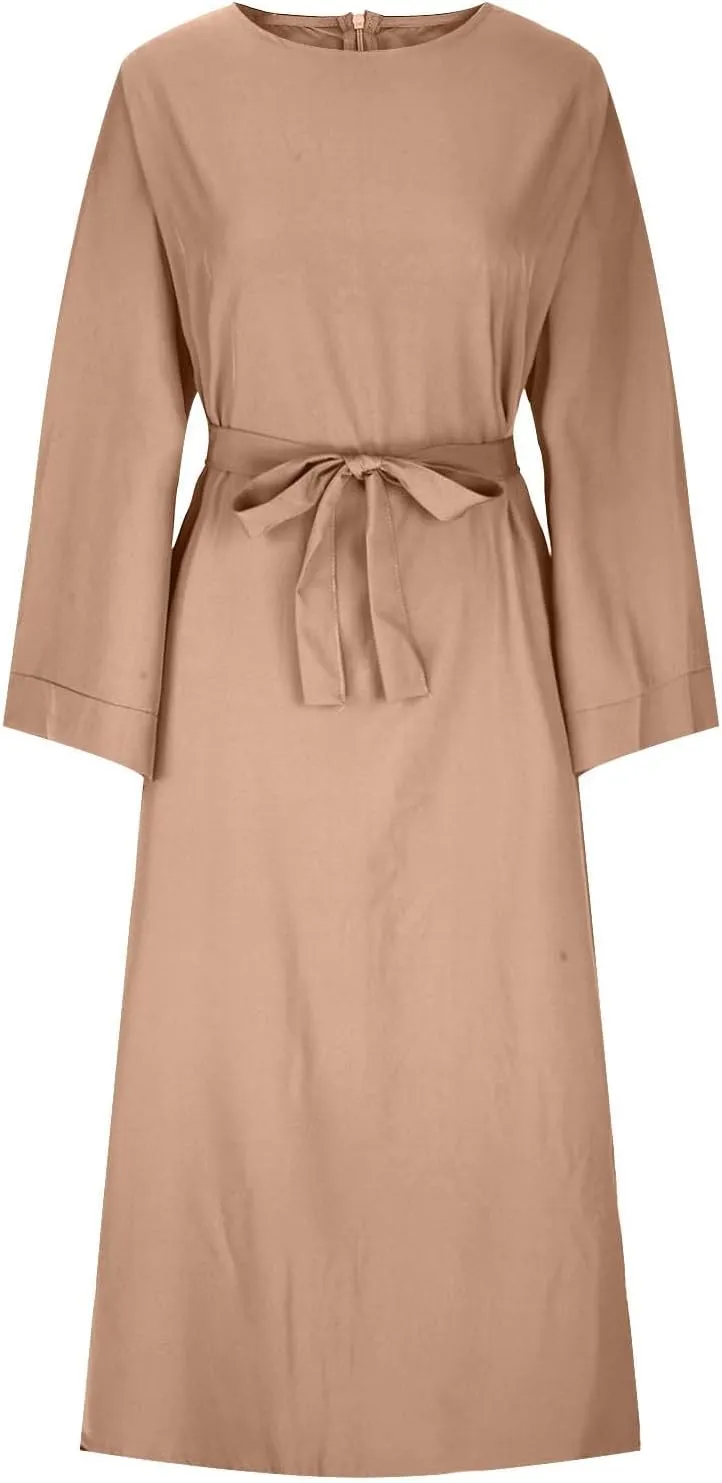 Casual Dresses for Women Plus Size Long Sleeve Tie Waist Pleated Maxi Dress Oversized Solid Crewneck Loose Dresses