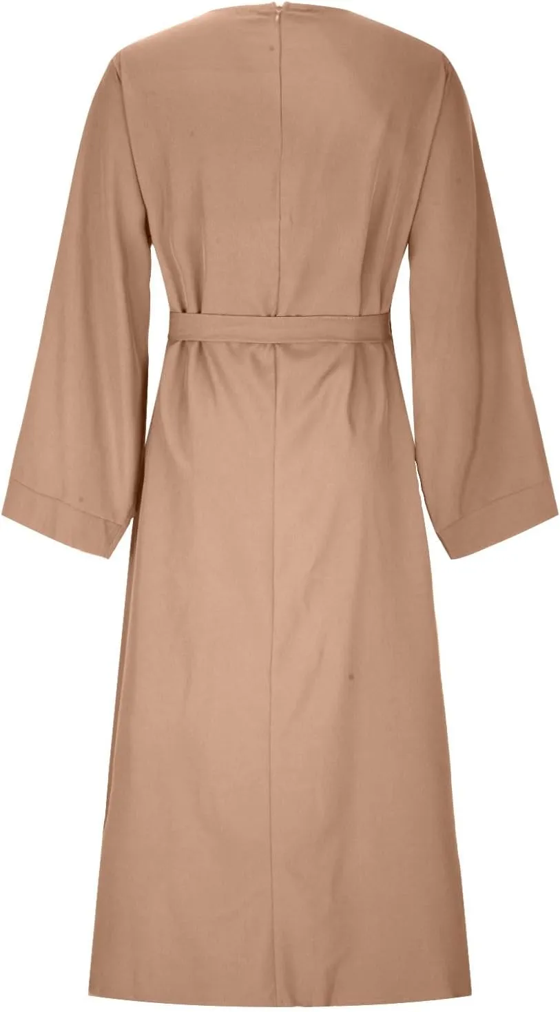 Casual Dresses for Women Plus Size Long Sleeve Tie Waist Pleated Maxi Dress Oversized Solid Crewneck Loose Dresses