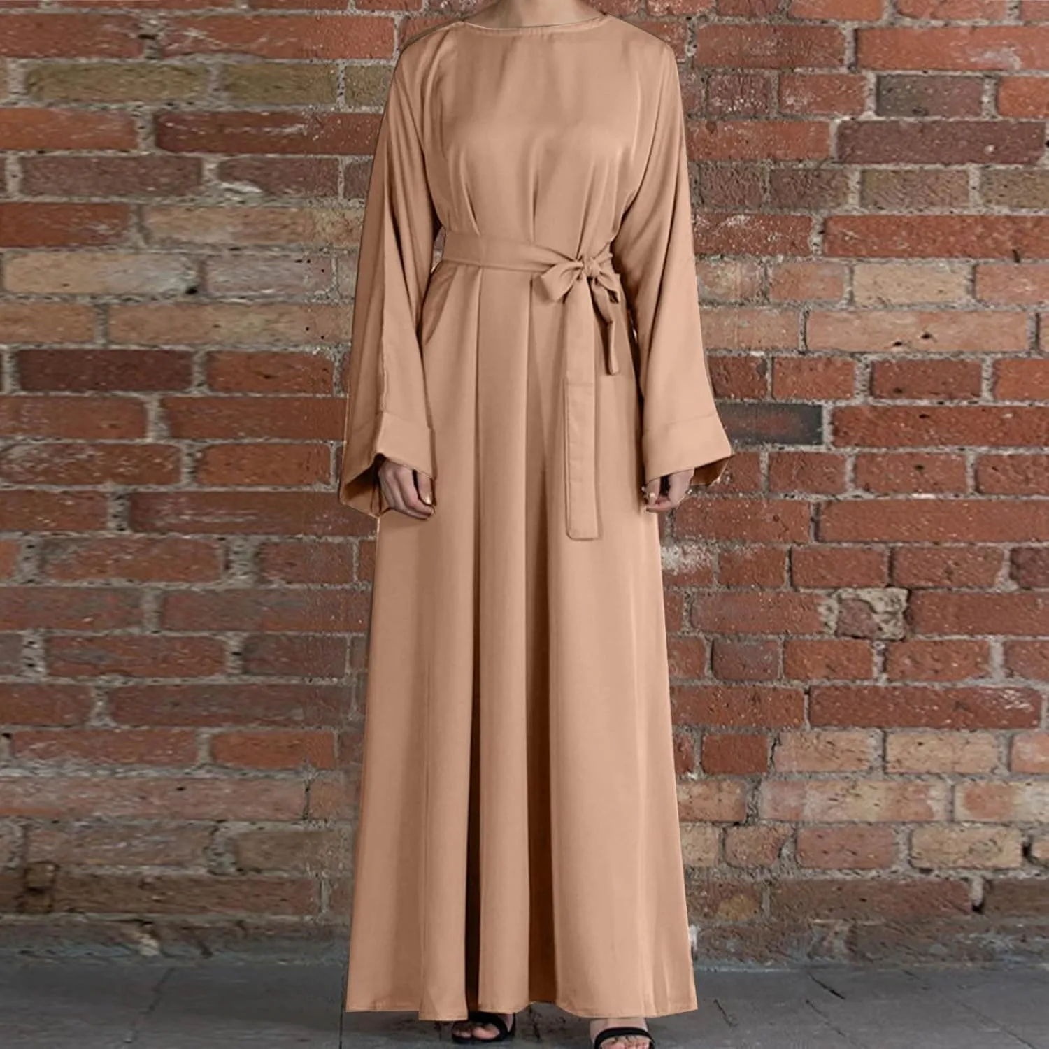 Casual Dresses for Women Plus Size Long Sleeve Tie Waist Pleated Maxi Dress Oversized Solid Crewneck Loose Dresses