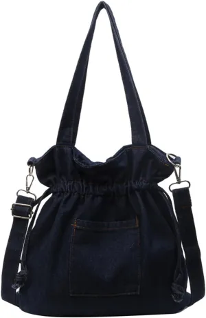 Casual Washed Denim Shoulder Bag Japanese Drawstring Crossbody Messenger Bags for Women Trendy