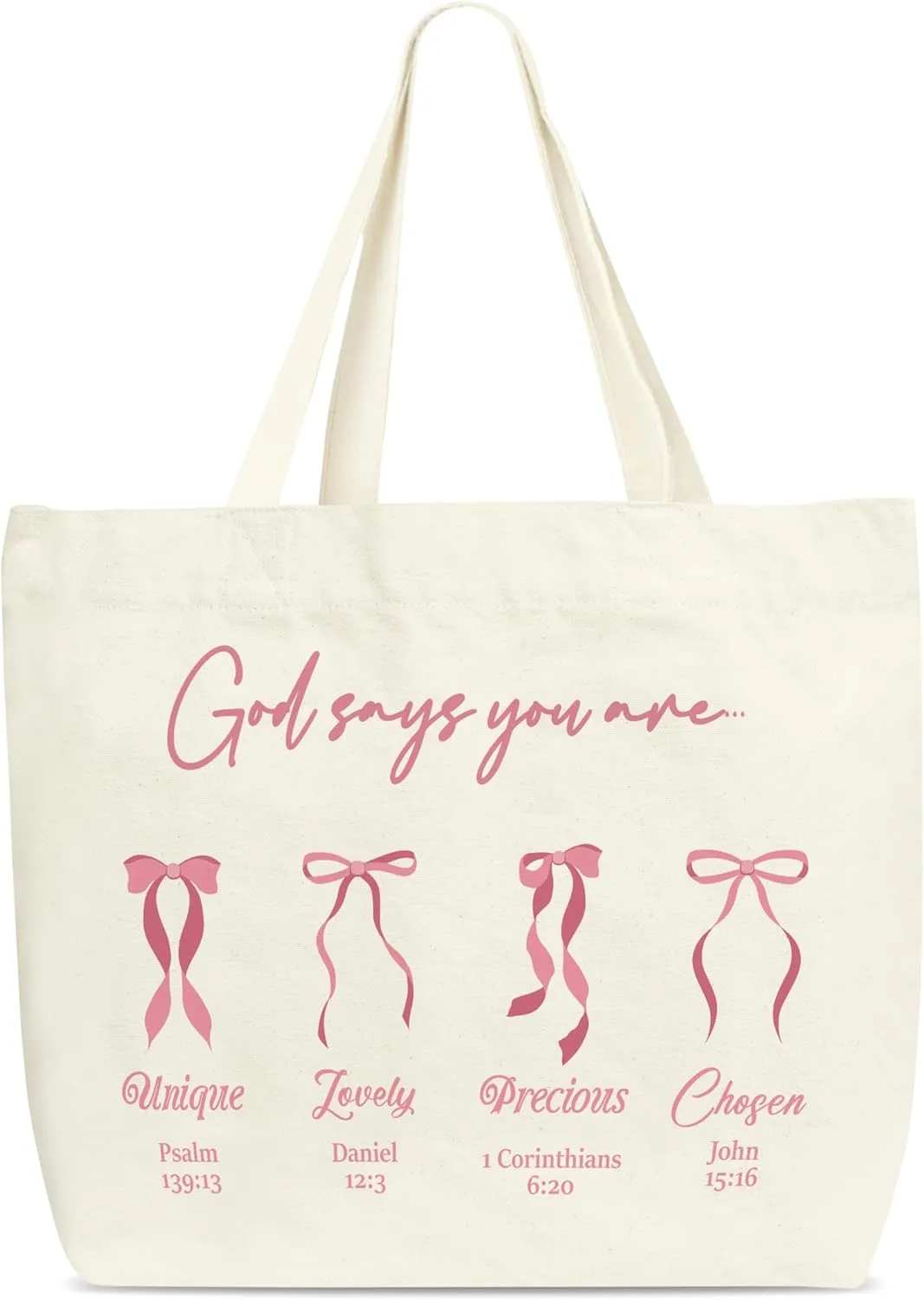 Christian Tote Bag, Bible Verse Tote Bags, Pink Bow Library Book Bag, Aesthetic Canvas Tote Bag For Shopping, Inspirational Gifts For Women Friends Family Mother Colleagues -E(07)