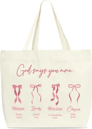 Christian Tote Bag, Bible Verse Tote Bags, Pink Bow Library Book Bag, Aesthetic Canvas Tote Bag For Shopping, Inspirational Gifts For Women Friends Family Mother Colleagues -E(07)