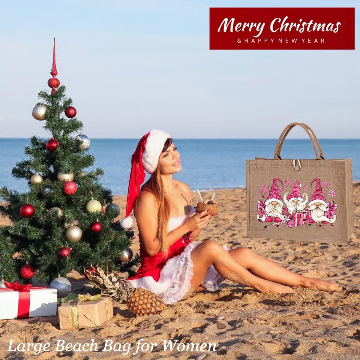 Christmas Gift Bags Reusable Large Weaving Beach Travel Tote Straw Bag for Women