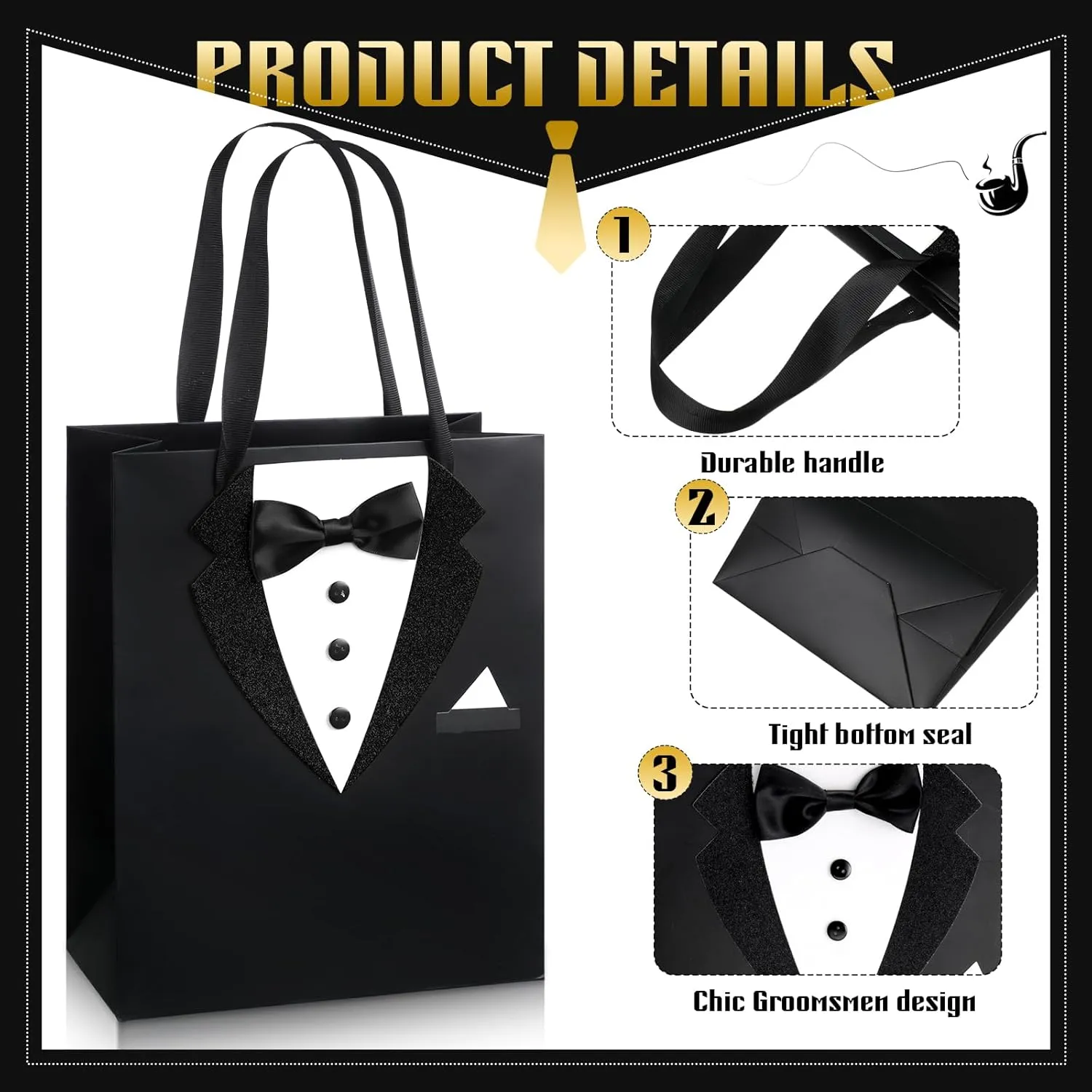 Chuangdi 8 Pcs Groomsmen Gift Bags with 3D Tuxedo Design 8 x 4.5 x 10 Inch with Handle Groomsmen Paper Gift Bags for Wedding Bachelor Birthday Party Favor Anniversary Supplies (Black)
