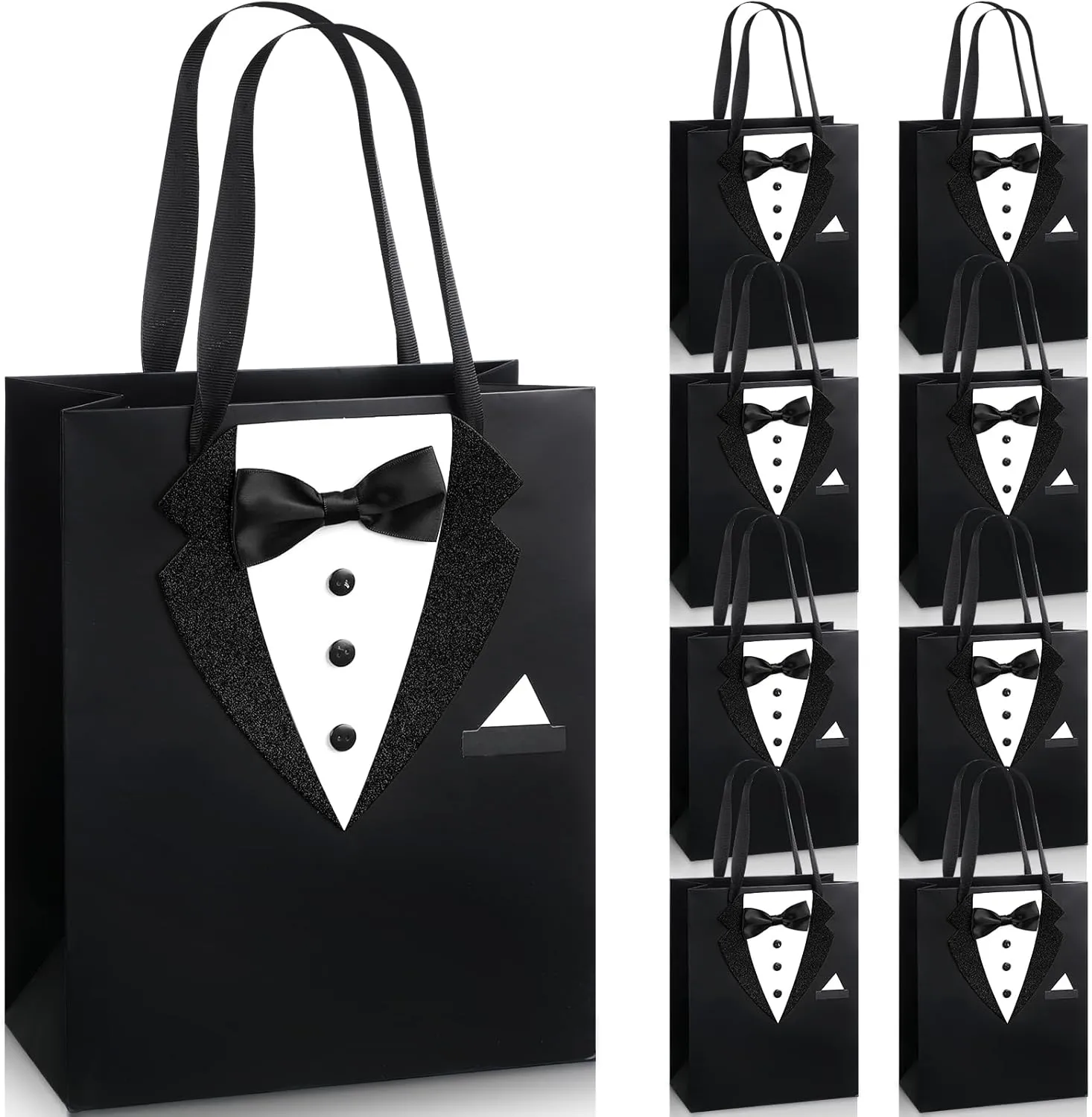 Chuangdi 8 Pcs Groomsmen Gift Bags with 3D Tuxedo Design 8 x 4.5 x 10 Inch with Handle Groomsmen Paper Gift Bags for Wedding Bachelor Birthday Party Favor Anniversary Supplies (Black)