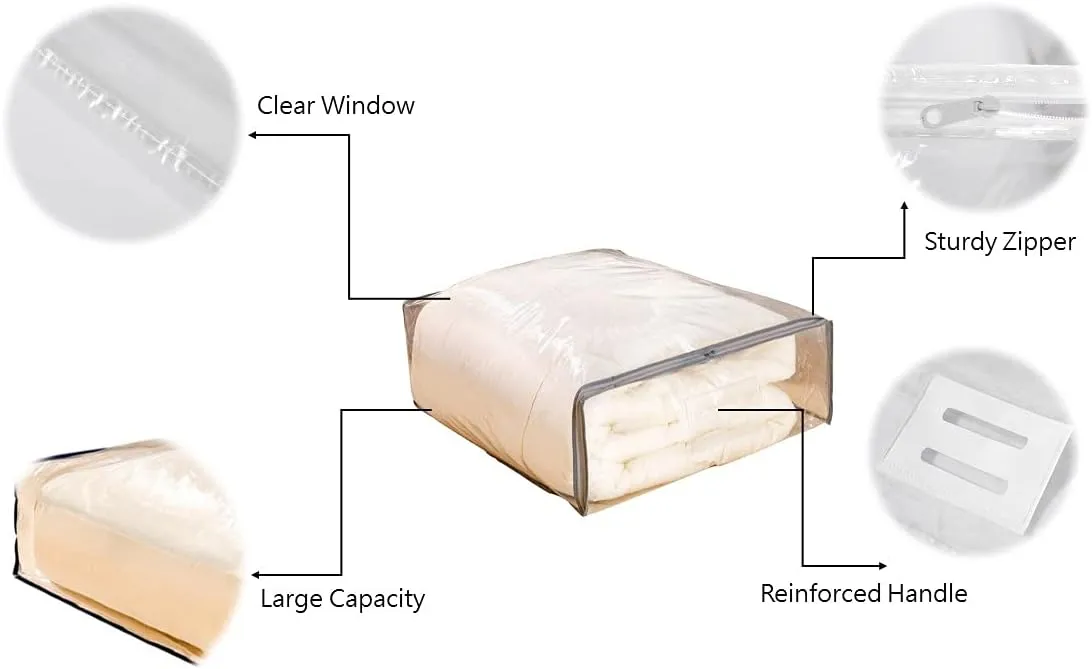Clear Vinyl Zippered Storage Bags with Handle 24x27x8 Inch Pack of 12 for Blanket, Linen, Sweater, Bed Sheet, Quilt, Clothes, Pillow, Comforter, Foldable