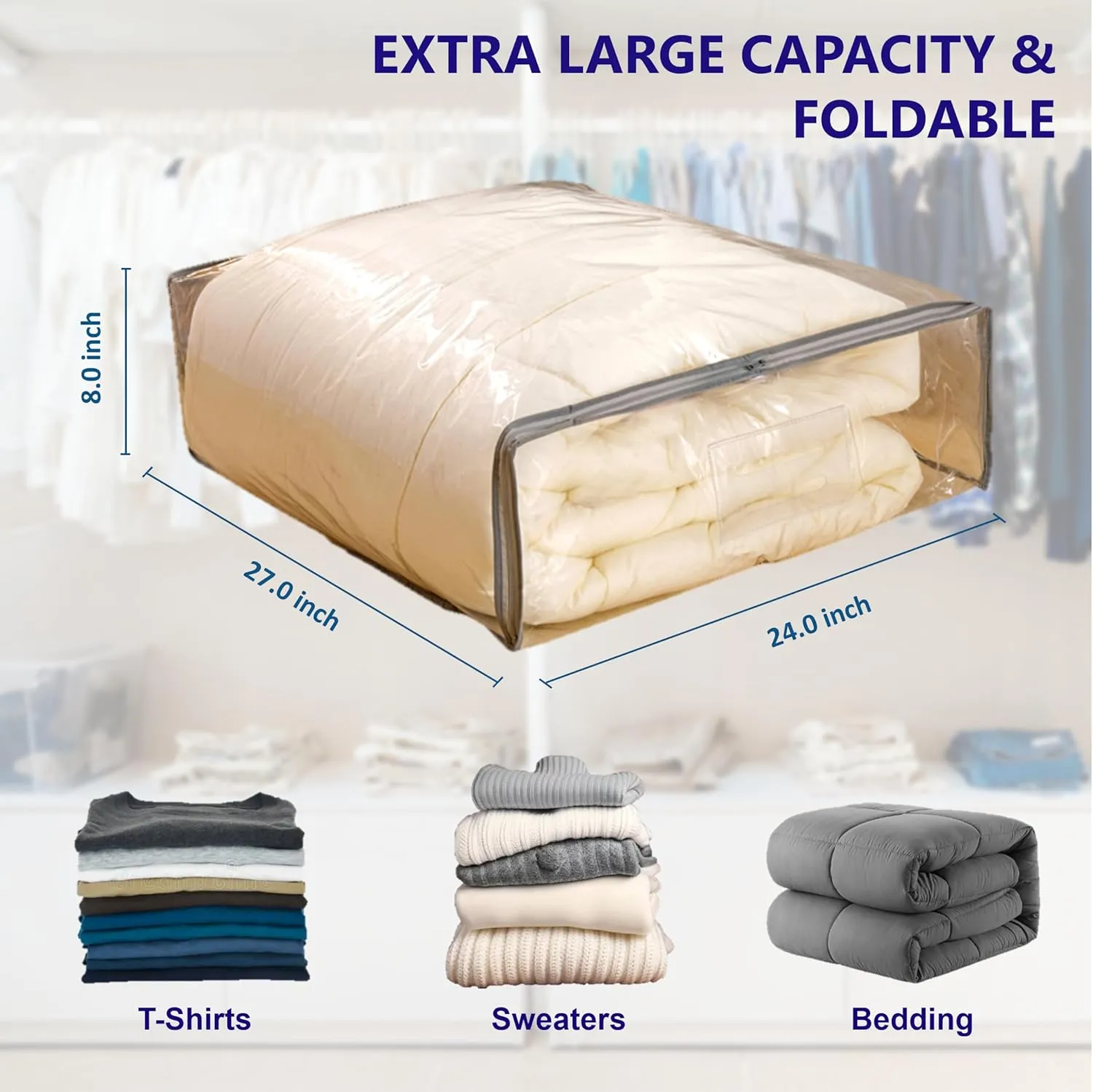 Clear Vinyl Zippered Storage Bags with Handle 24x27x8 Inch Pack of 12 for Blanket, Linen, Sweater, Bed Sheet, Quilt, Clothes, Pillow, Comforter, Foldable