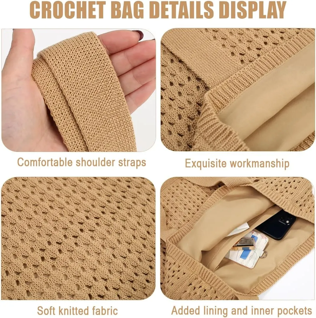 COOKOOKY Beach Bag with added lining Crochet Tote Bag for Women Aesthetic Handmade Knit Shoulder Bag