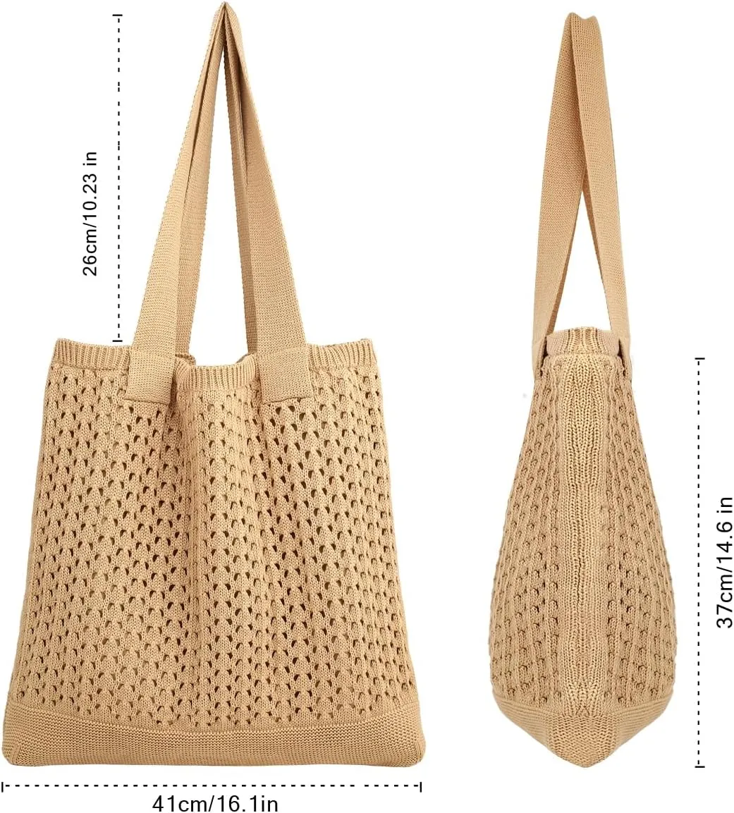COOKOOKY Beach Bag with added lining Crochet Tote Bag for Women Aesthetic Handmade Knit Shoulder Bag