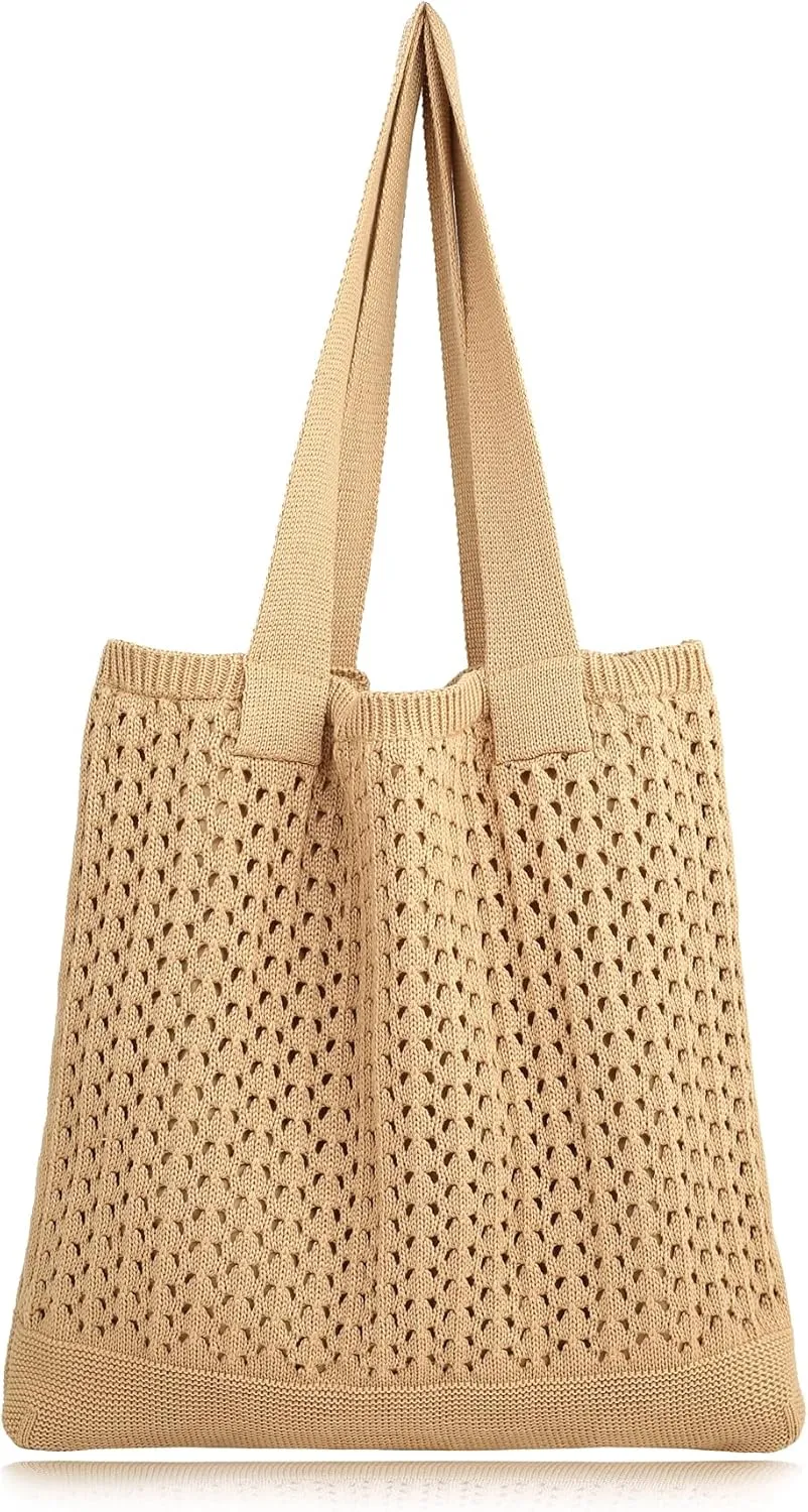 COOKOOKY Beach Bag with added lining Crochet Tote Bag for Women Aesthetic Handmade Knit Shoulder Bag