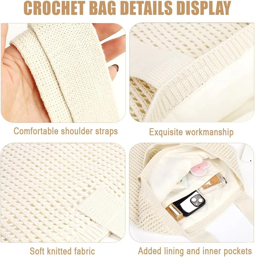 COOKOOKY Beach Bag with added lining Crochet Tote Bag for Women Aesthetic Handmade Knit Shoulder Bag