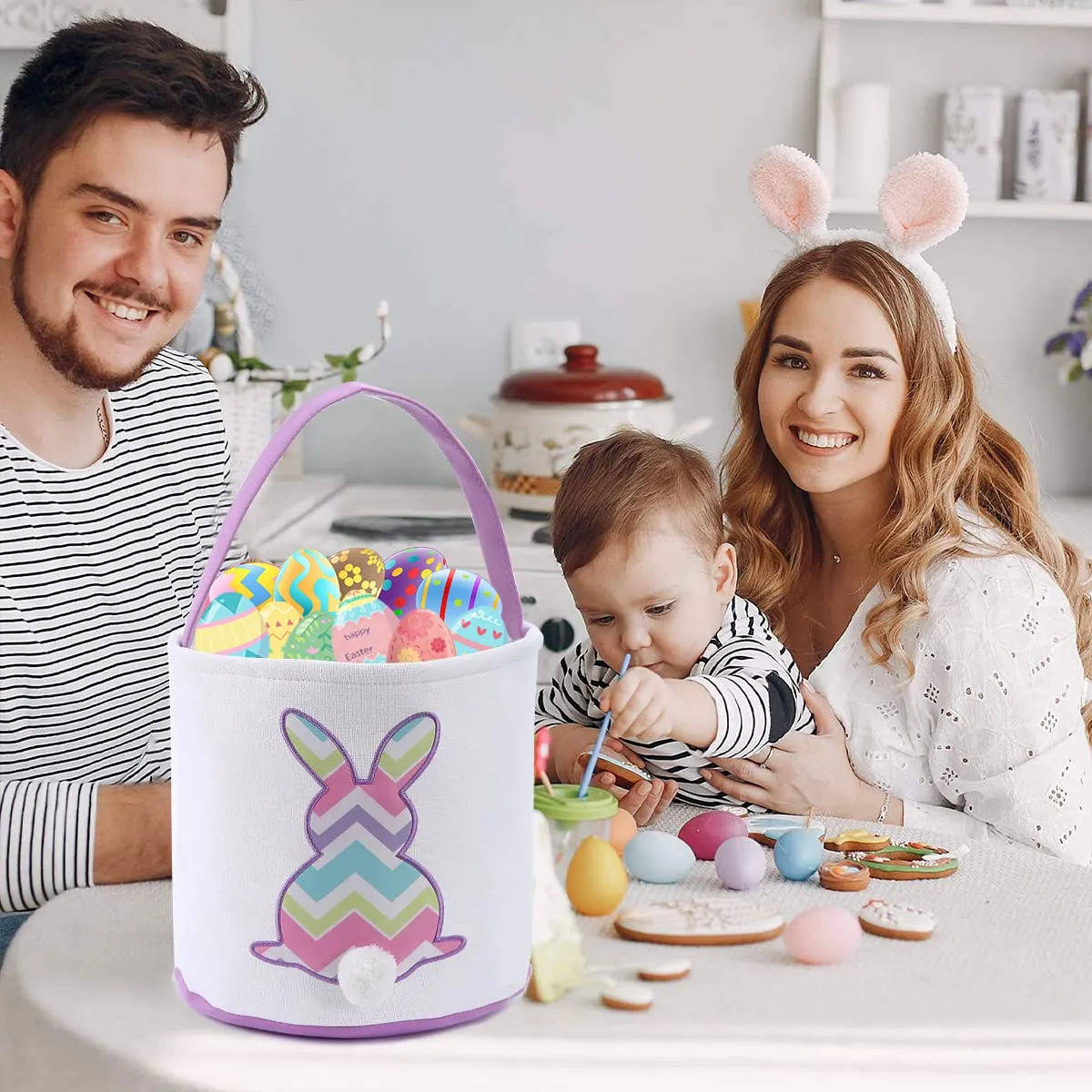 Cootato 3 Pack Easter Bunny Basket Bags for Kids, Stripe Rabbit Pattern Egg Basket Hunt Bags Personalized Canvas Cotton Bucket with Fluffy Tail for Easter Eggs, Candy, Gift (Multi-Stripe, Blue, Green)