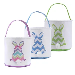 Cootato 3 Pack Easter Bunny Basket Bags for Kids, Stripe Rabbit Pattern Egg Basket Hunt Bags Personalized Canvas Cotton Bucket with Fluffy Tail for Easter Eggs, Candy, Gift (Multi-Stripe, Blue, Green)