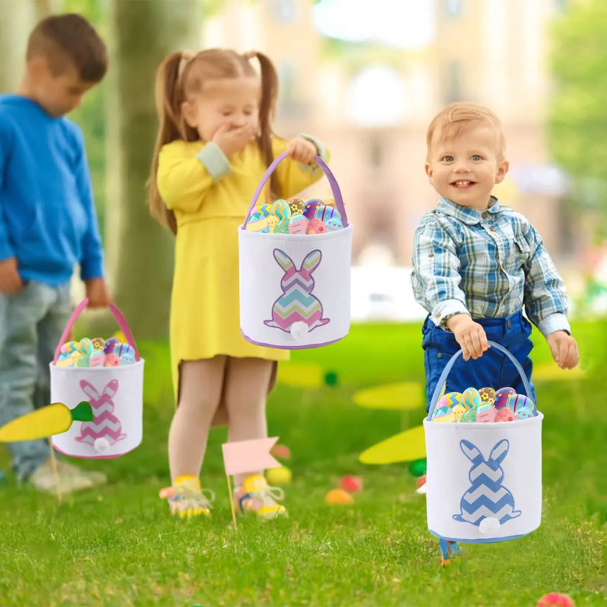 Cootato 3 Pack Easter Bunny Basket Bags for Kids, Stripe Rabbit Pattern Egg Basket Hunt Bags Personalized Canvas Cotton Bucket with Fluffy Tail for Easter Eggs, Candy, Gift (Multi-Stripe, Blue, Green)