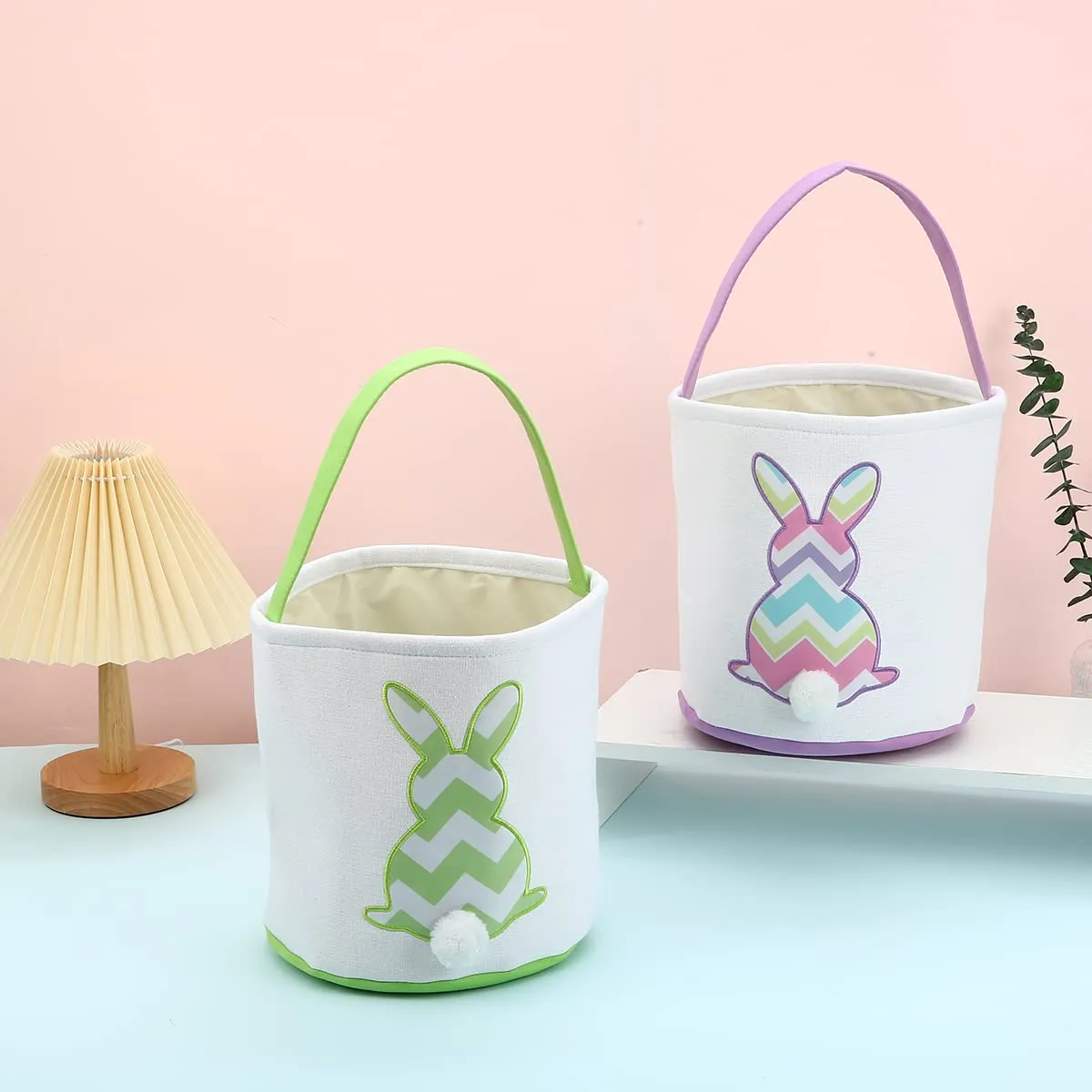 Cootato 3 Pack Easter Bunny Basket Bags for Kids, Stripe Rabbit Pattern Egg Basket Hunt Bags Personalized Canvas Cotton Bucket with Fluffy Tail for Easter Eggs, Candy, Gift (Multi-Stripe, Blue, Green)