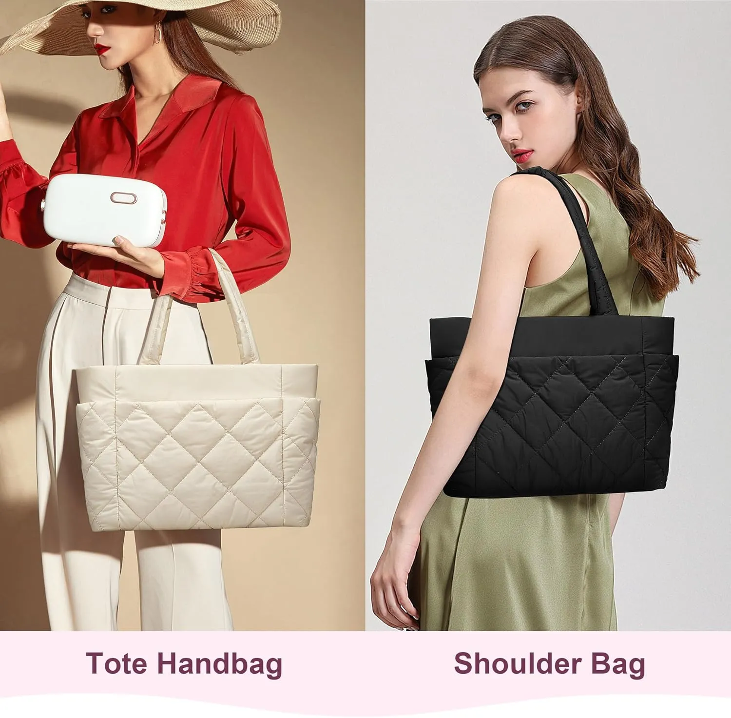 CORALDAISY Puffer Tote Bag for Women Lightweight Tote Bag with Zipper, Large Work Bag Quilted Travel Puffy Shoulder Handbag