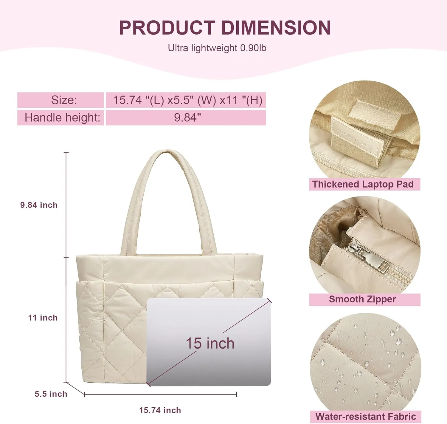 CORALDAISY Puffer Tote Bag for Women Lightweight Tote Bag with Zipper, Large Work Bag Quilted Travel Puffy Shoulder Handbag