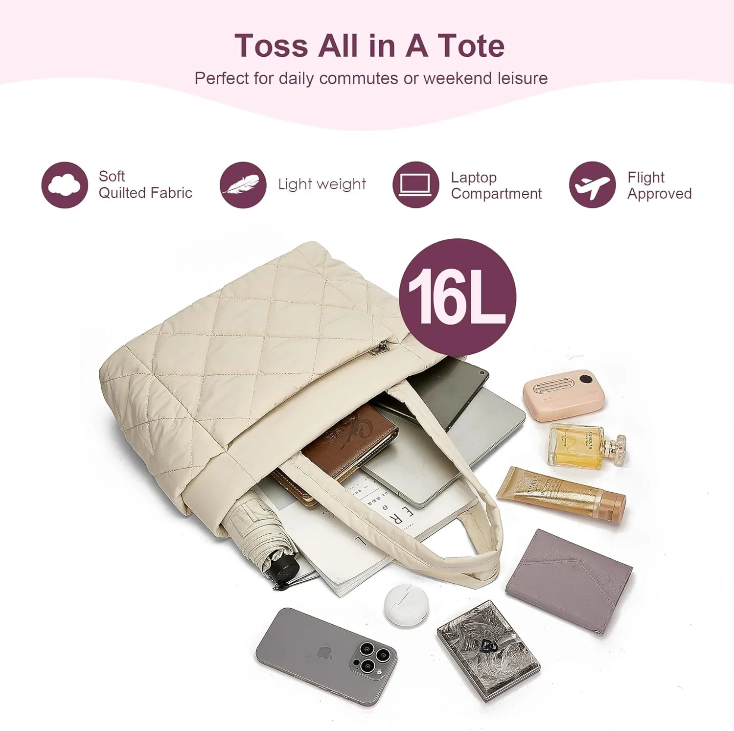 CORALDAISY Puffer Tote Bag for Women Lightweight Tote Bag with Zipper, Large Work Bag Quilted Travel Puffy Shoulder Handbag