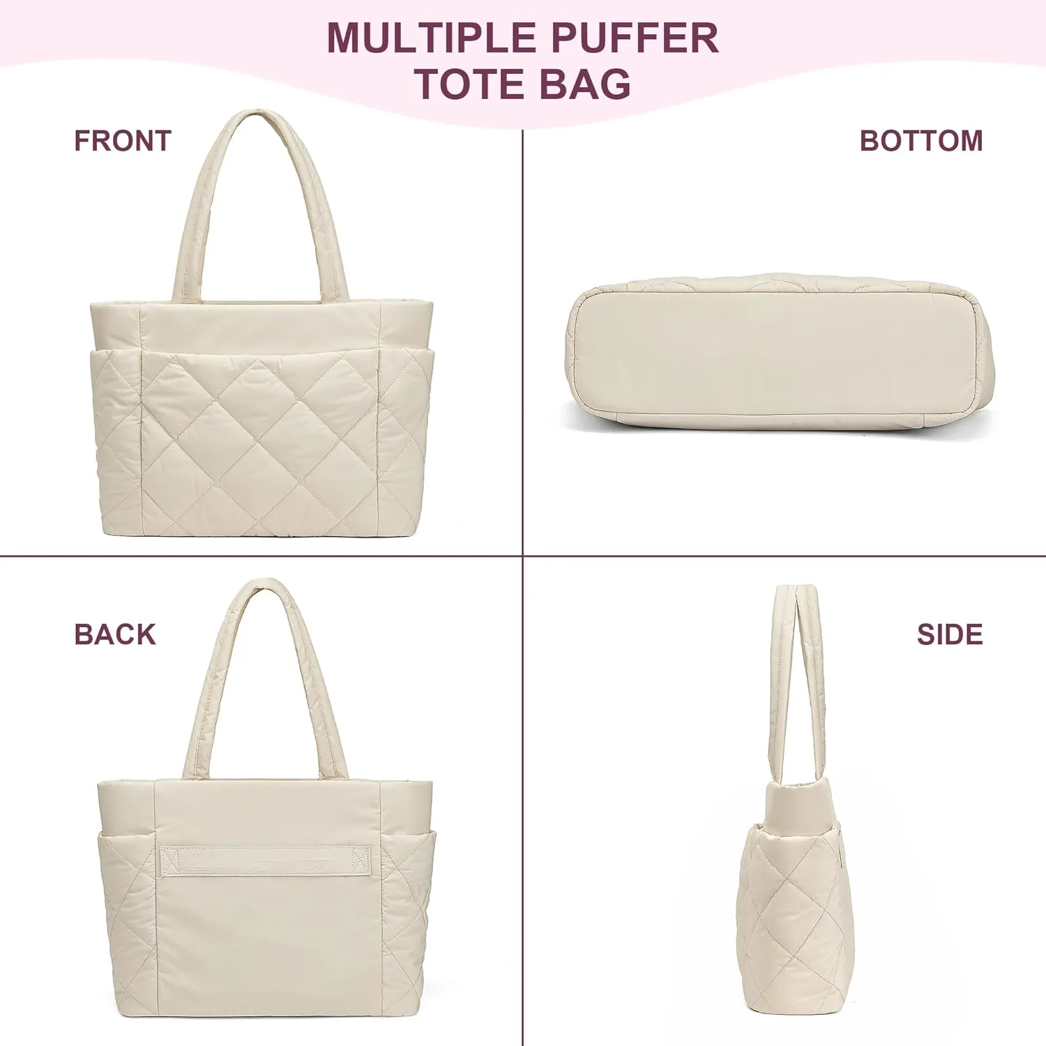 CORALDAISY Puffer Tote Bag for Women Lightweight Tote Bag with Zipper, Large Work Bag Quilted Travel Puffy Shoulder Handbag