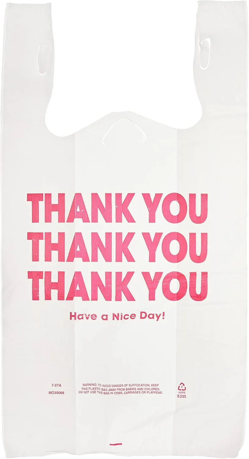 Cosco Universal Plastic Thank You Shopping Bag, 11.5 in x 3.15 in x 22 in, 0.55 mil, White/Red (Box of 250)