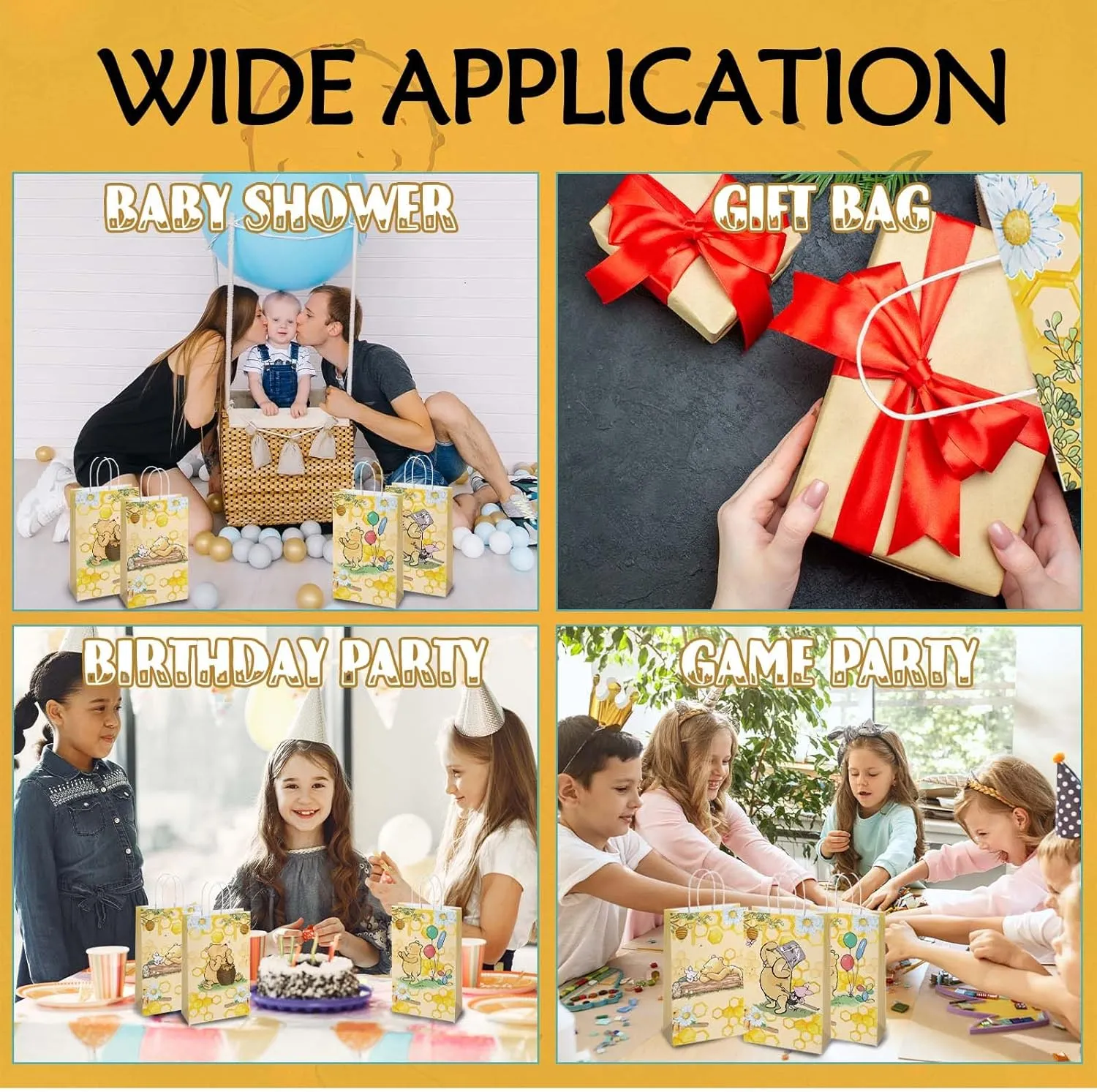 Cute Bear Gift Bags with Handles，Yellow Cartoon Party Supplies,Goodie Bag with Rope For Winnie Baby Shower Birthday，Classic Pooh Bear Candy Gift Stuffer Treat Bags for Party Favor 8.6*5*3.7inch