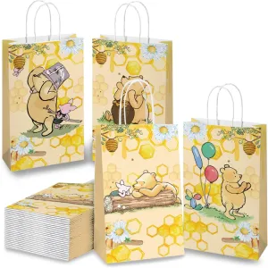 Cute Bear Gift Bags with Handles，Yellow Cartoon Party Supplies,Goodie Bag with Rope For Winnie Baby Shower Birthday，Classic Pooh Bear Candy Gift Stuffer Treat Bags for Party Favor 8.6*5*3.7inch