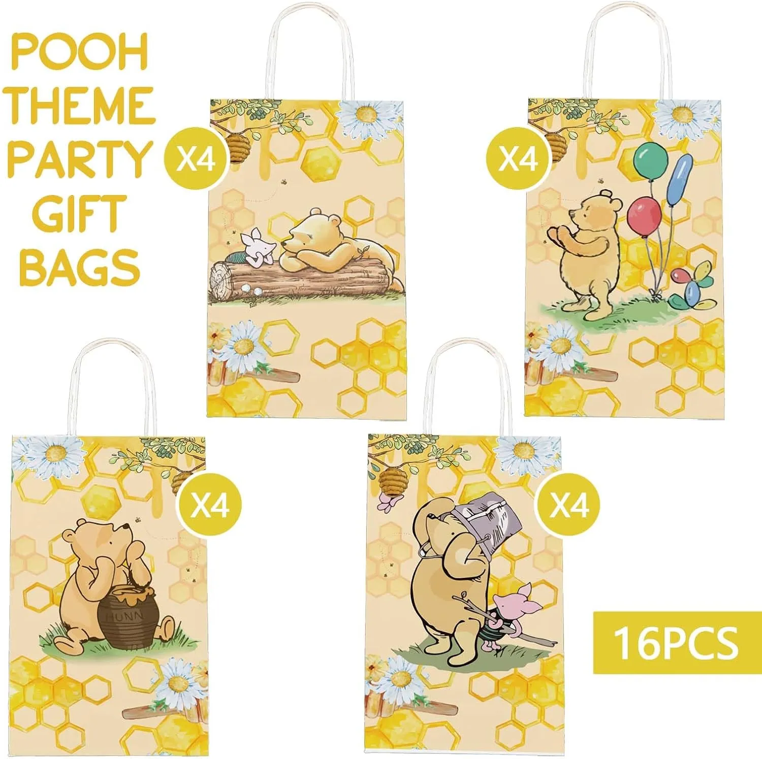 Cute Bear Gift Bags with Handles，Yellow Cartoon Party Supplies,Goodie Bag with Rope For Winnie Baby Shower Birthday，Classic Pooh Bear Candy Gift Stuffer Treat Bags for Party Favor 8.6*5*3.7inch