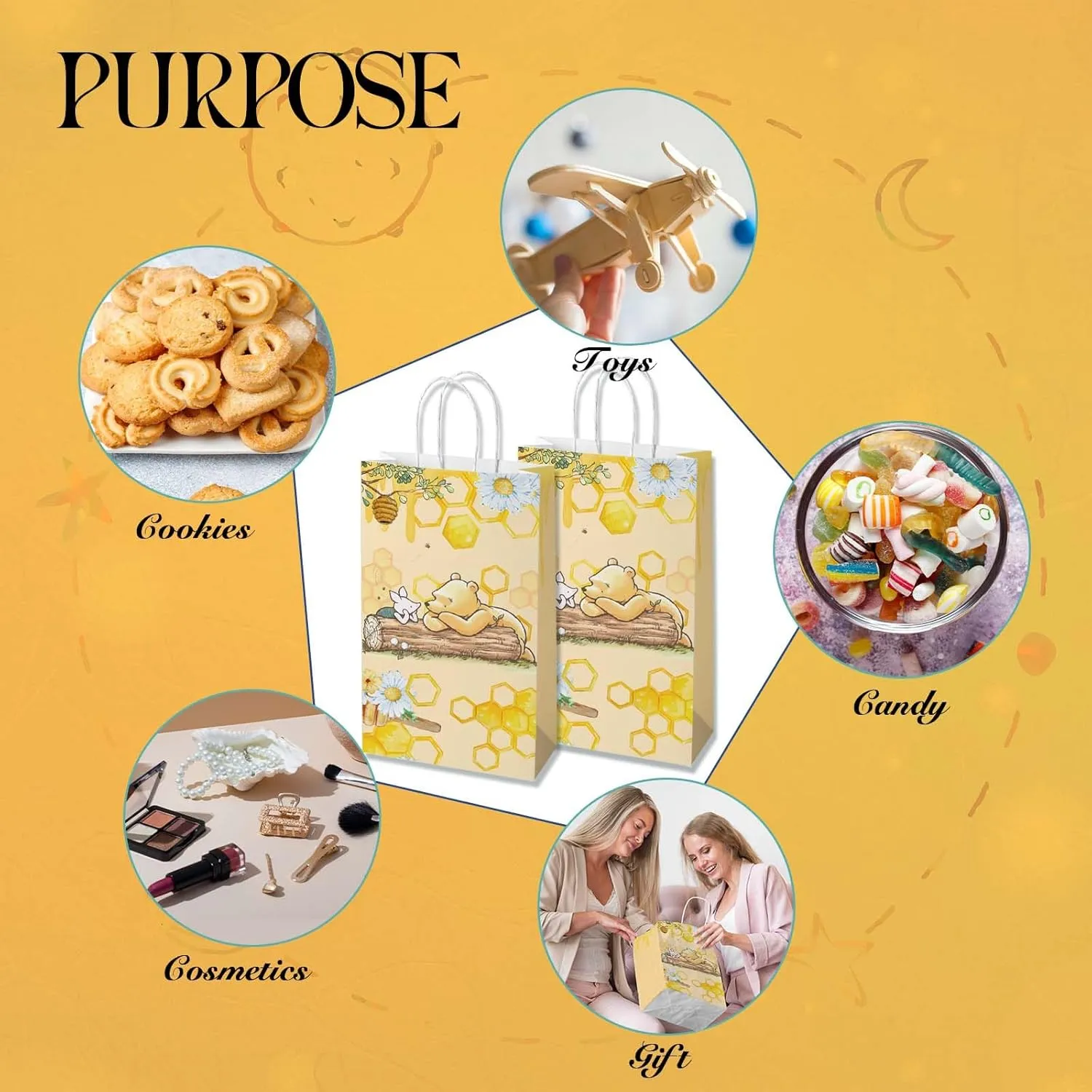 Cute Bear Gift Bags with Handles，Yellow Cartoon Party Supplies,Goodie Bag with Rope For Winnie Baby Shower Birthday，Classic Pooh Bear Candy Gift Stuffer Treat Bags for Party Favor 8.6*5*3.7inch