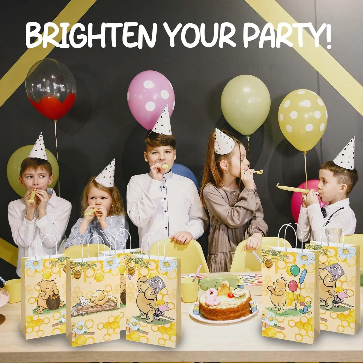 Cute Bear Gift Bags with Handles，Yellow Cartoon Party Supplies,Goodie Bag with Rope For Winnie Baby Shower Birthday，Classic Pooh Bear Candy Gift Stuffer Treat Bags for Party Favor 8.6*5*3.7inch