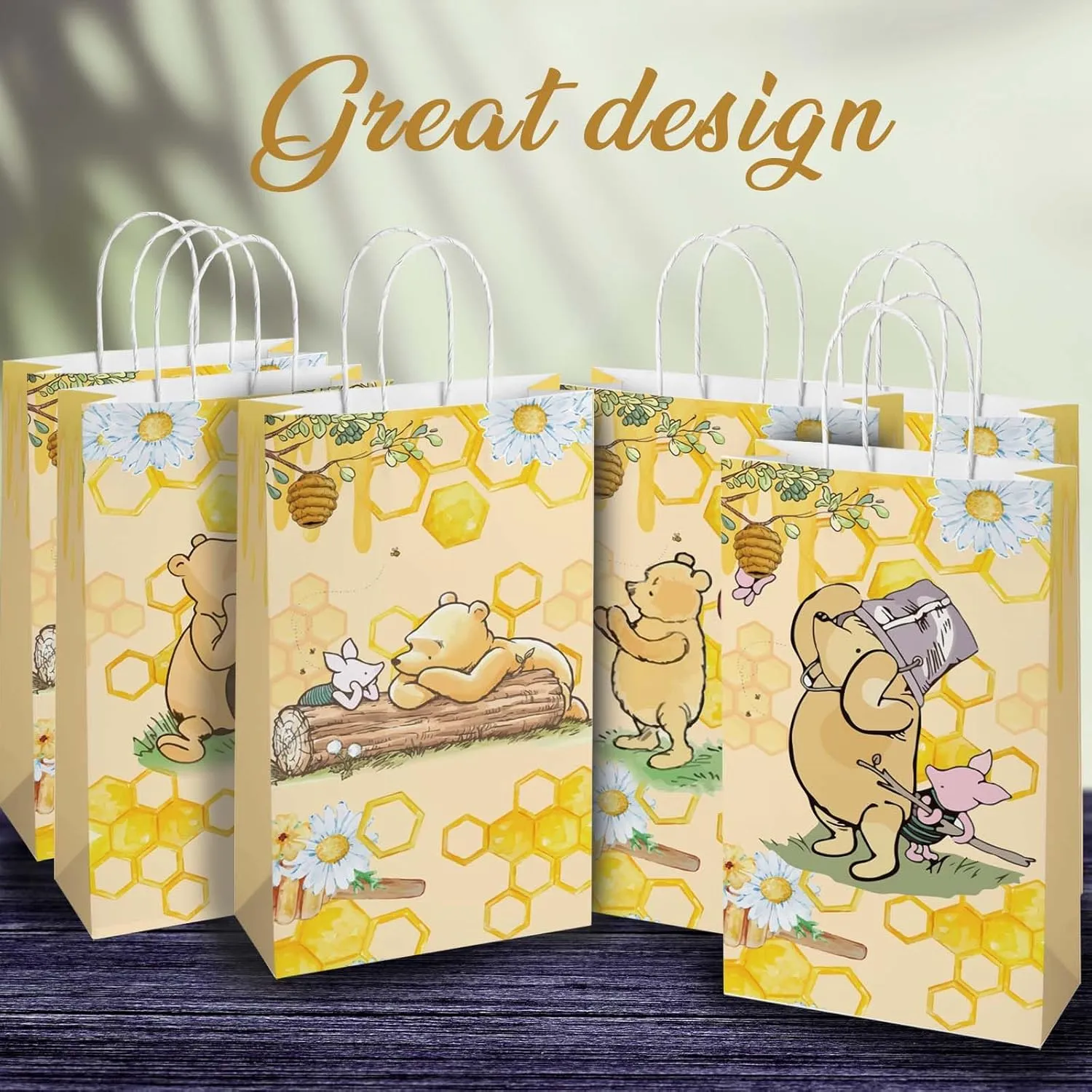 Cute Bear Gift Bags with Handles，Yellow Cartoon Party Supplies,Goodie Bag with Rope For Winnie Baby Shower Birthday，Classic Pooh Bear Candy Gift Stuffer Treat Bags for Party Favor 8.6*5*3.7inch