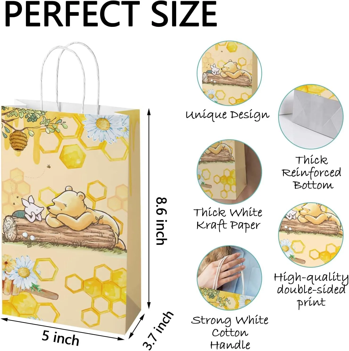 Cute Bear Gift Bags with Handles，Yellow Cartoon Party Supplies,Goodie Bag with Rope For Winnie Baby Shower Birthday，Classic Pooh Bear Candy Gift Stuffer Treat Bags for Party Favor 8.6*5*3.7inch