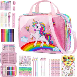 D-FantiX Unicorn Art Supplies Convertible Bag for Girls, 63Pcs Coloring Drawing Set for Kids with Fruit Scented Markers, Portable Travel Activity Kit, Birthday Gift for 4 5 6 7 8-12 Year Old Girls