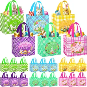DECHISY 24 Pack Easter Bags with Handle, 8.3×7.9×6inch Non-Wovem Large Easter Gift Bags，6 Styles Reusable Egg Hunt Baskets for Kids， Party Supplies