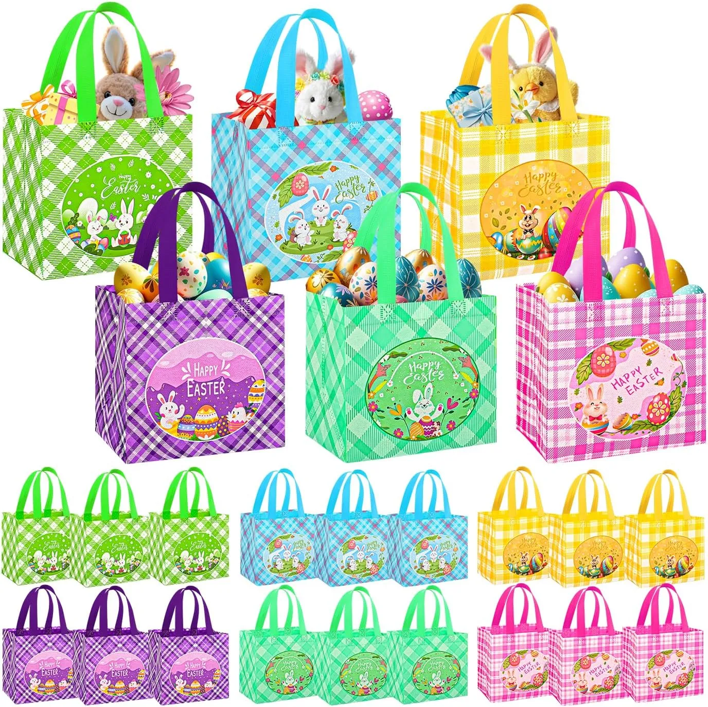 DECHISY 24 Pack Easter Bags with Handle, 8.3×7.9×6inch Non-Wovem Large Easter Gift Bags，6 Styles Reusable Egg Hunt Baskets for Kids， Party Supplies