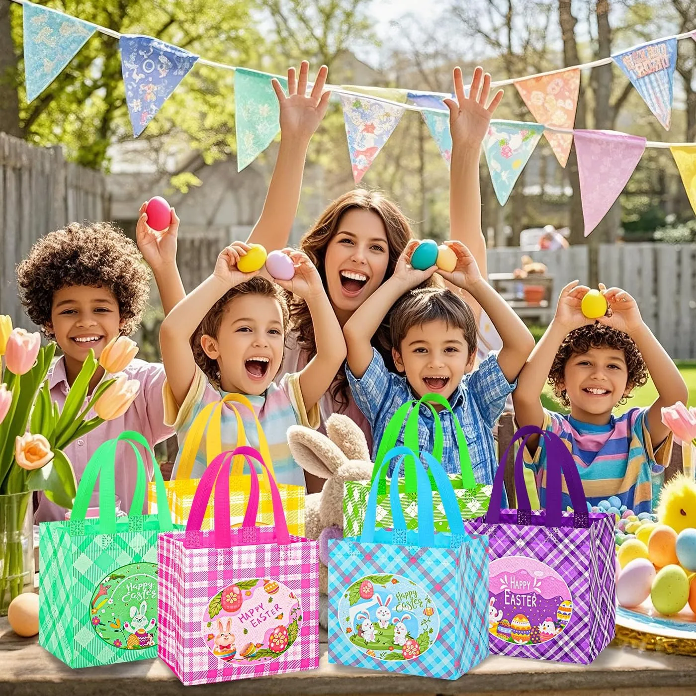 DECHISY 24 Pack Easter Bags with Handle, 8.3×7.9×6inch Non-Wovem Large Easter Gift Bags，6 Styles Reusable Egg Hunt Baskets for Kids， Party Supplies