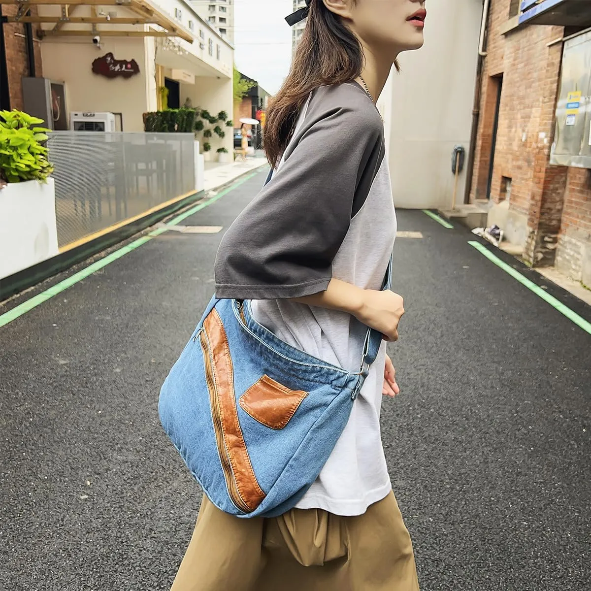 Denim Purse for Women Men Tote Bag with Zipper Crossbody Blue Jean Purses Canvas Shoulder Bag Hobo Handbag
