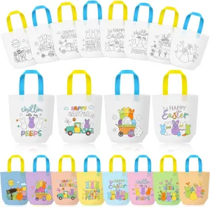 Easter Coloring Goodies Bags - 24pcs Bunny Peeps Coloring Goodie Bags Bulk Color Your Own Happy Easter Non-Woven Fabric Painting Pouch Uncolored Hello Spring DIY Craft Party Favor Pack