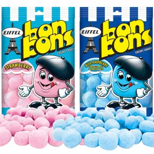 Eiffel Bon Bons Variety 2 Pack - Strawberry & Blue Raspberry - 4 oz bags Assortment Gift Set - Chewy French Candy Snack - Enjoyed by All for Over 20 years