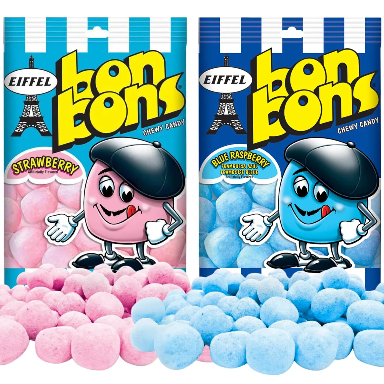 Eiffel Bon Bons Variety 2 Pack - Strawberry & Blue Raspberry - 4 oz bags Assortment Gift Set - Chewy French Candy Snack - Enjoyed by All for Over 20 years