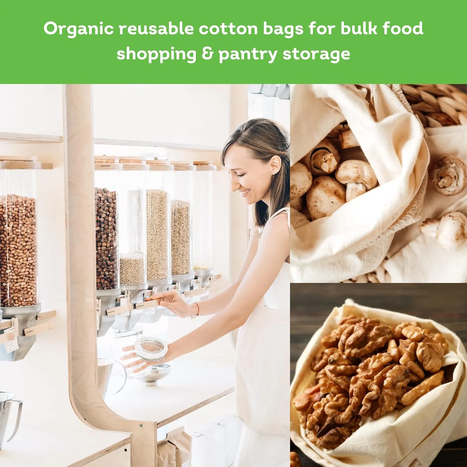 EKOH Organic Cotton Reusable Produce Bags - Set of 6 Drawstring Bags 3 Sizes -Shopping and Storing Fruit, Vegetables, Bread, Herbs, Nuts Fabric Bags - Eco Washable Bag (Organic Cotton Muslin 6 Pack)
