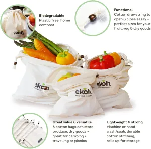 EKOH Organic Cotton Reusable Produce Bags - Set of 6 Drawstring Bags 3 Sizes -Shopping and Storing Fruit, Vegetables, Bread, Herbs, Nuts Fabric Bags - Eco Washable Bag (Organic Cotton Muslin 6 Pack)