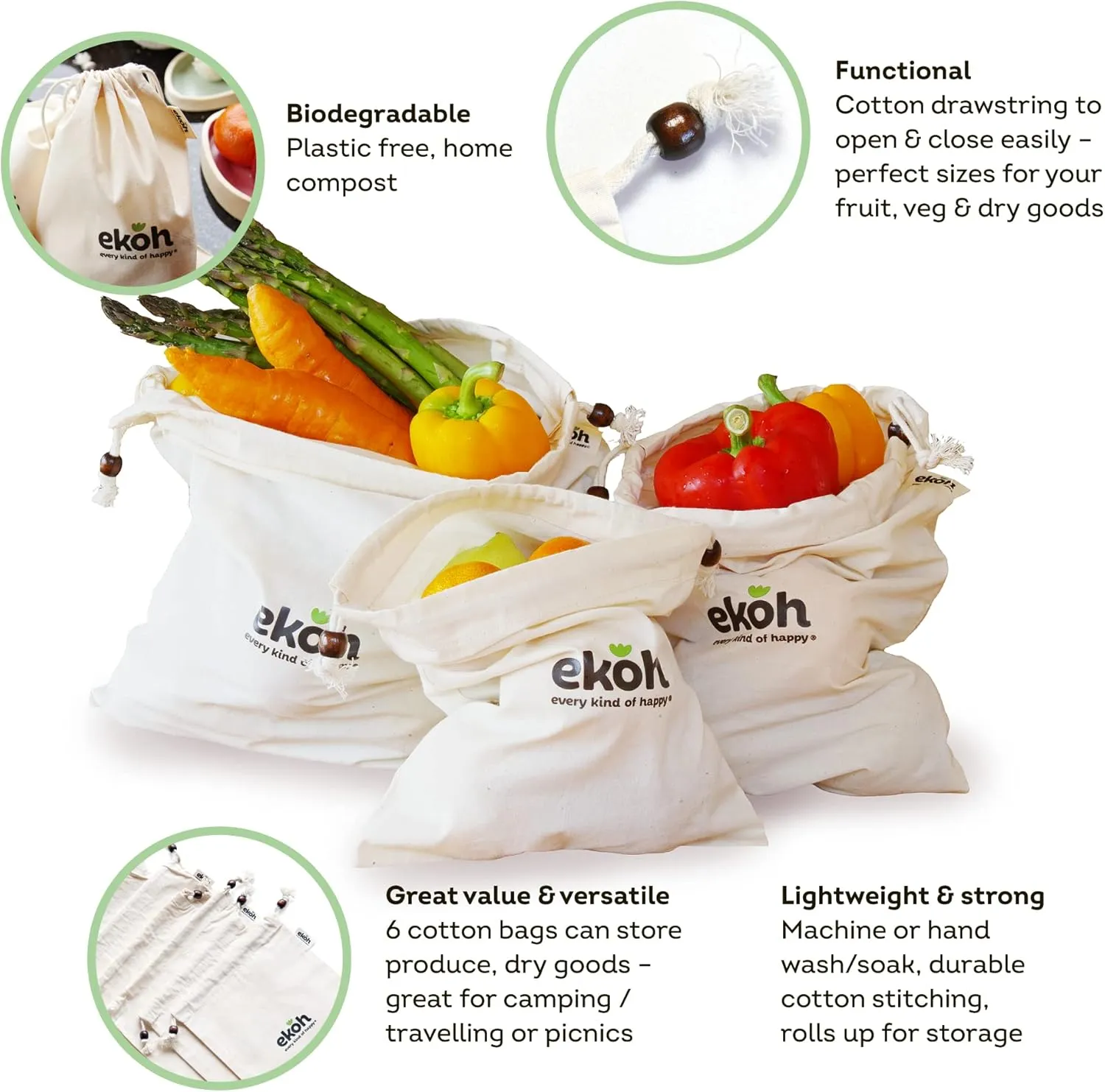 EKOH Organic Cotton Reusable Produce Bags - Set of 6 Drawstring Bags 3 Sizes -Shopping and Storing Fruit, Vegetables, Bread, Herbs, Nuts Fabric Bags - Eco Washable Bag (Organic Cotton Muslin 6 Pack)