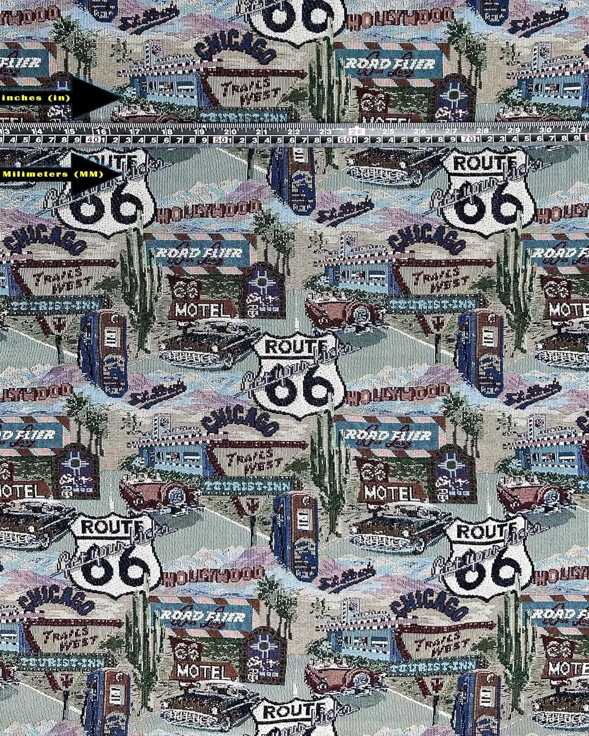 FABRIC EMPIRE - Classic Retro Route 66 Inspired Tapestry Fabric, Motel, Diner, Gas Station Theme - 56" W, Sold by The Continuous Yard, Tote Bags, Accent Pillows, Upholstery (Small, Route 66 Logo)