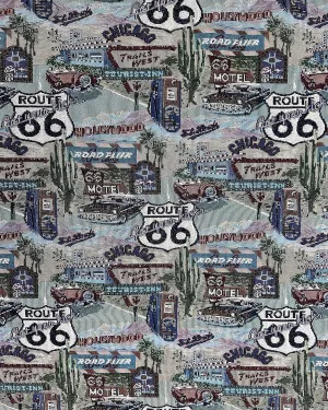 FABRIC EMPIRE - Classic Retro Route 66 Inspired Tapestry Fabric, Motel, Diner, Gas Station Theme - 56" W, Sold by The Continuous Yard, Tote Bags, Accent Pillows, Upholstery (Small, Route 66 Logo)